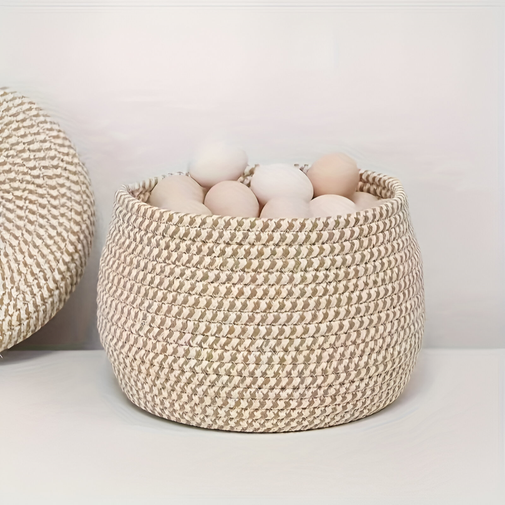 Storage Basket Handwoven Jute-Cotton Dust-Proof Lid Three Sizes