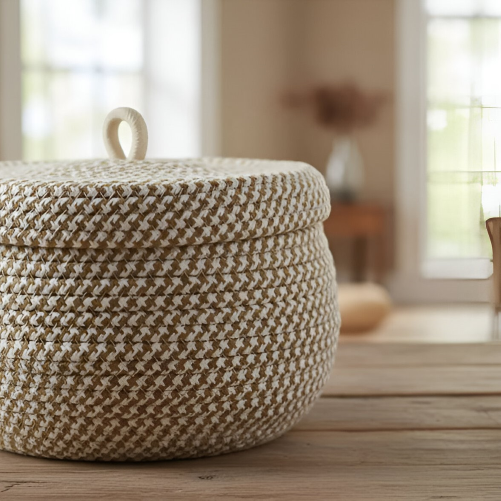Storage Basket Handwoven Jute-Cotton Dust-Proof Lid Three Sizes