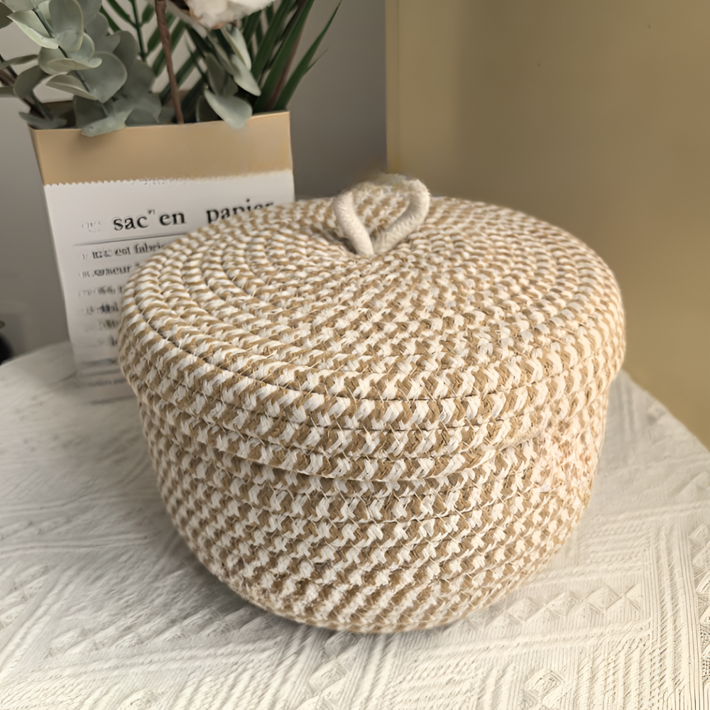Storage Basket Handwoven Jute-Cotton Dust-Proof Lid Three Sizes