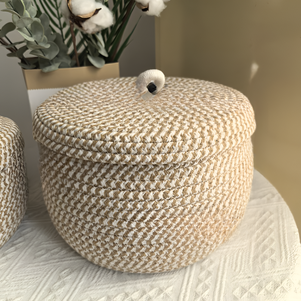 Storage Basket Handwoven Jute-Cotton Dust-Proof Lid Three Sizes