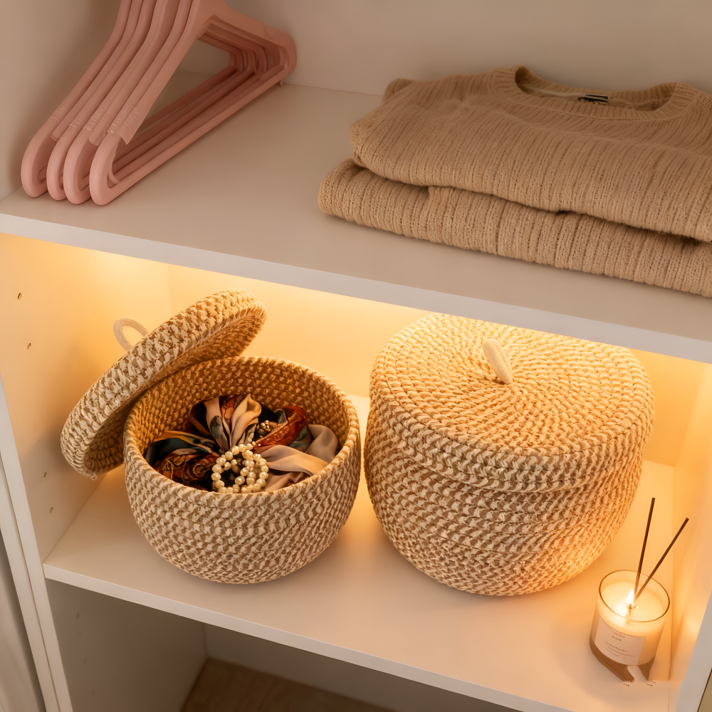 Storage Basket Handwoven Jute-Cotton Dust-Proof Lid Three Sizes