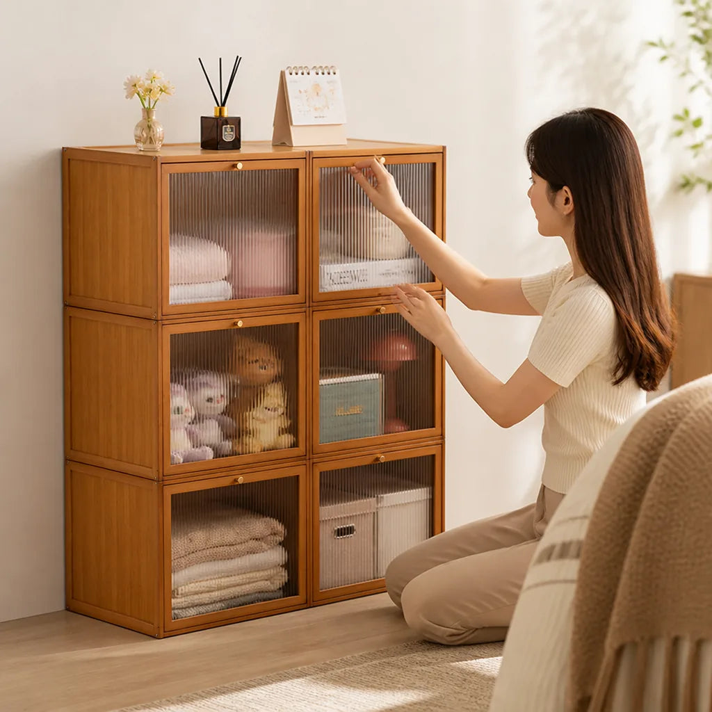 Storage Cabinet Bamboo With Transparent Doors