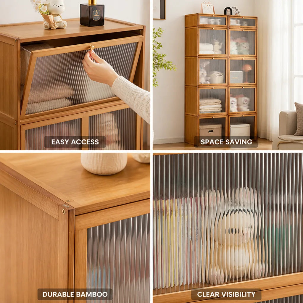 Storage Cabinet Bamboo With Transparent Doors
