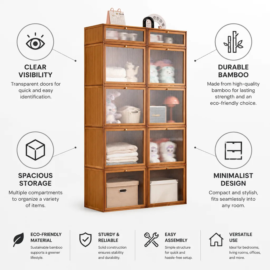 Storage Cabinet Bamboo With Transparent Doors