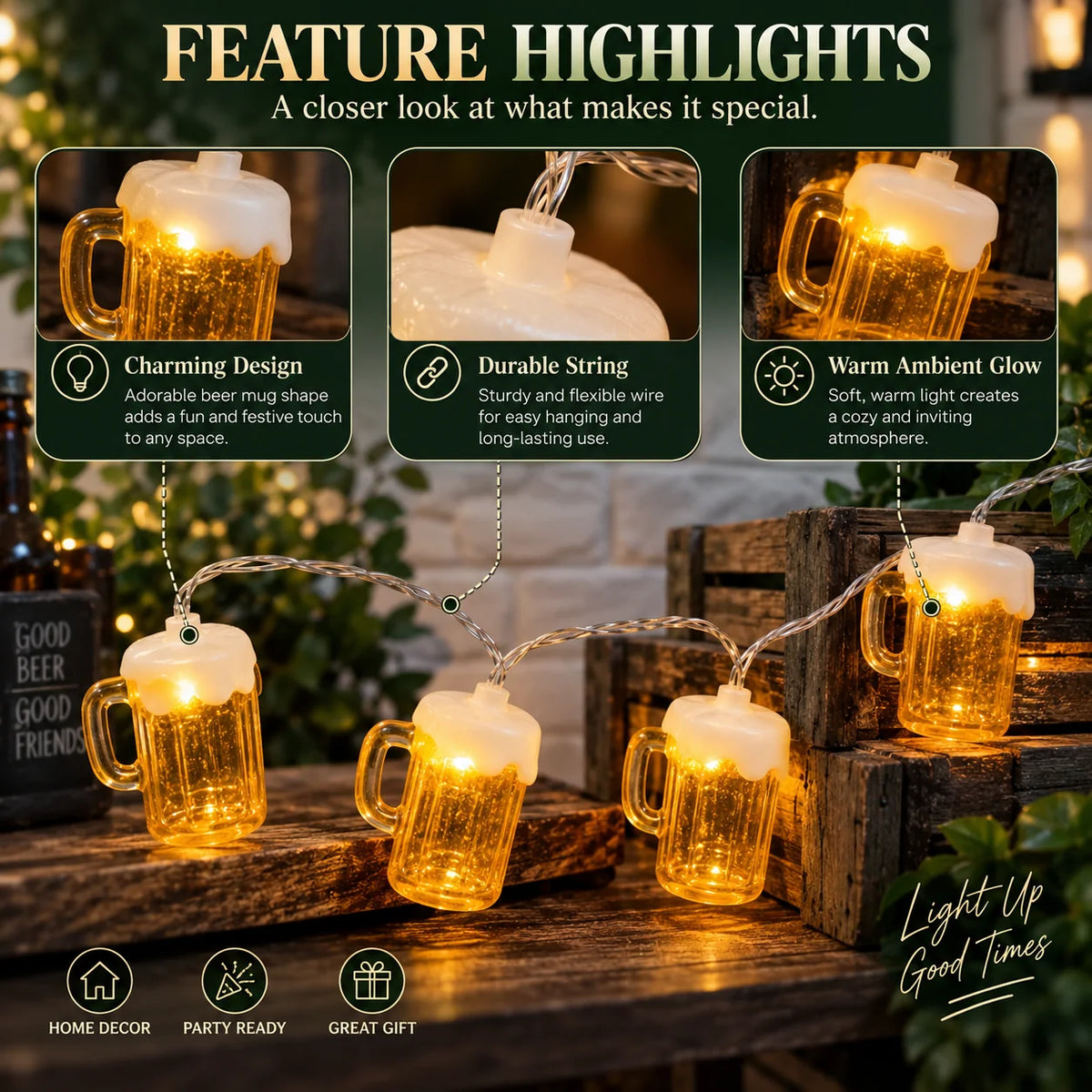 String Lights Beer Mug Motif Battery-Powered Warm White LEDs