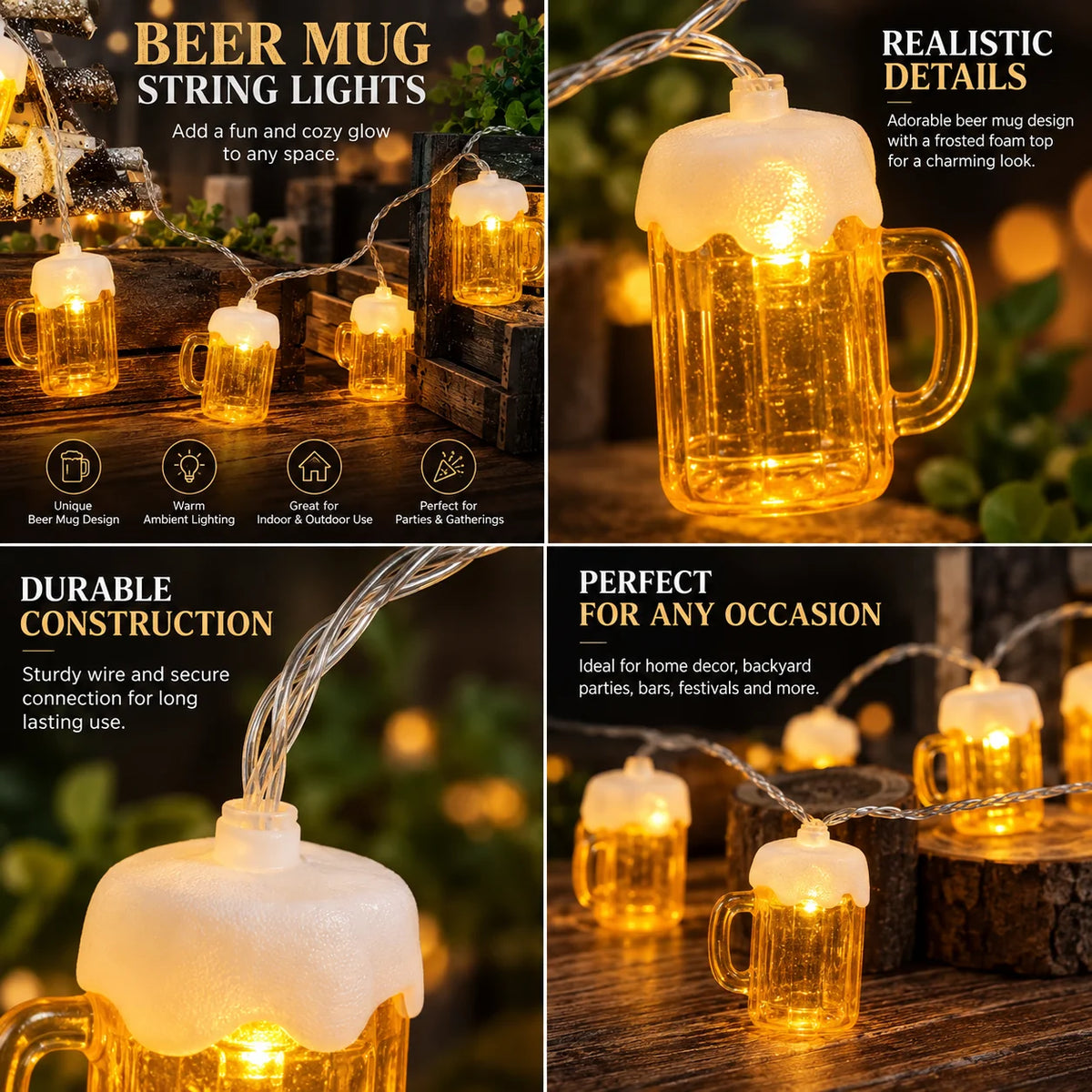String Lights Beer Mug Motif Battery-Powered Warm White LEDs