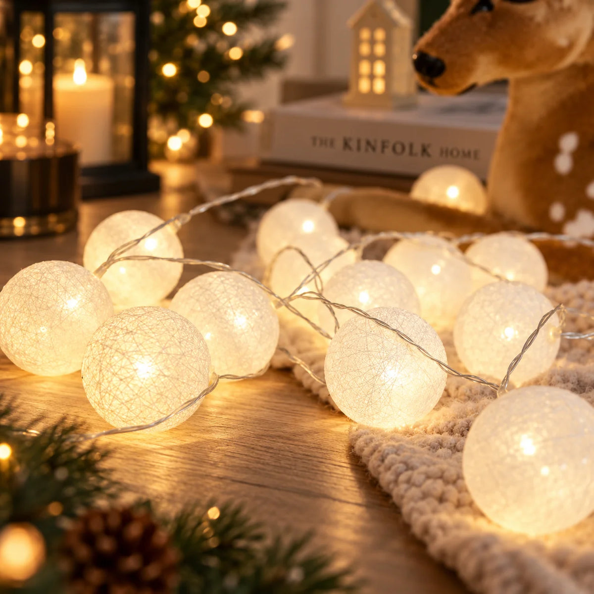String Lights Cotton Ball Diffused Warm Glow USB & Battery