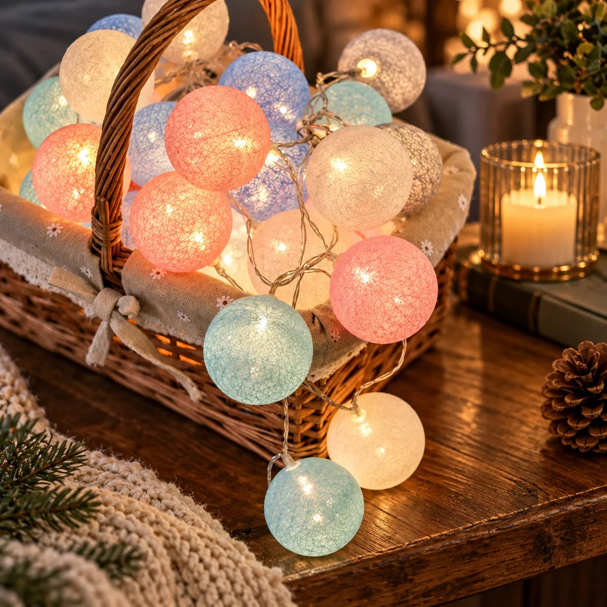String Lights Cotton Ball Diffused Warm Glow USB & Battery