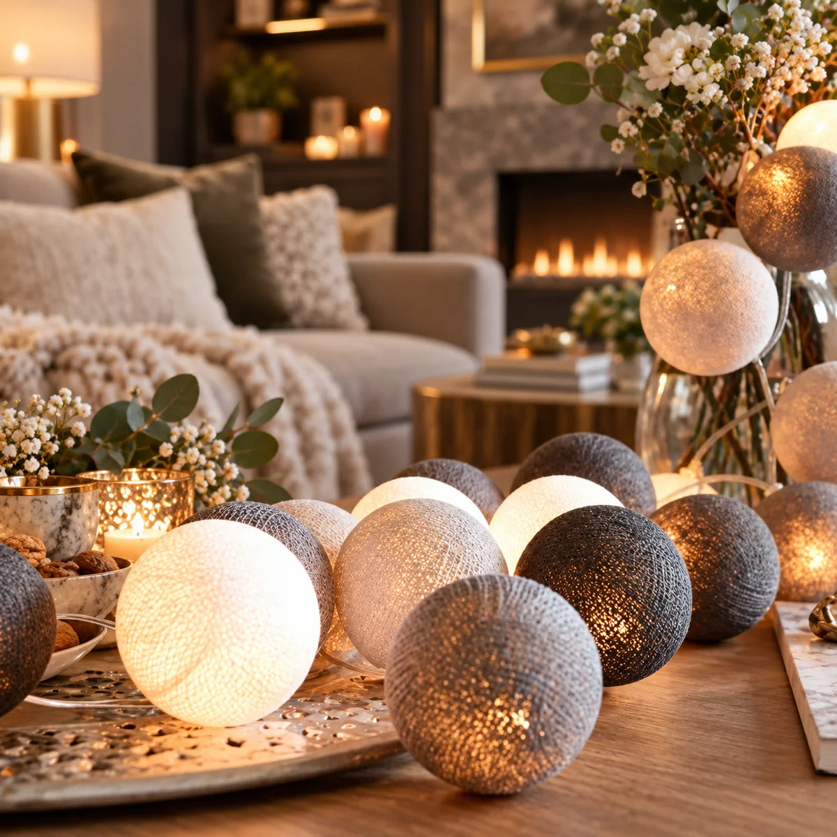 String Lights Cotton Ball Diffused Warm Glow USB & Battery