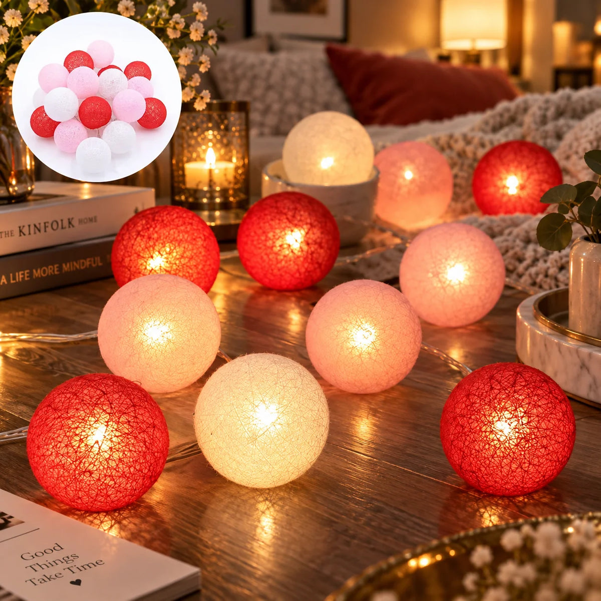 String Lights Cotton Ball Diffused Warm Glow USB & Battery