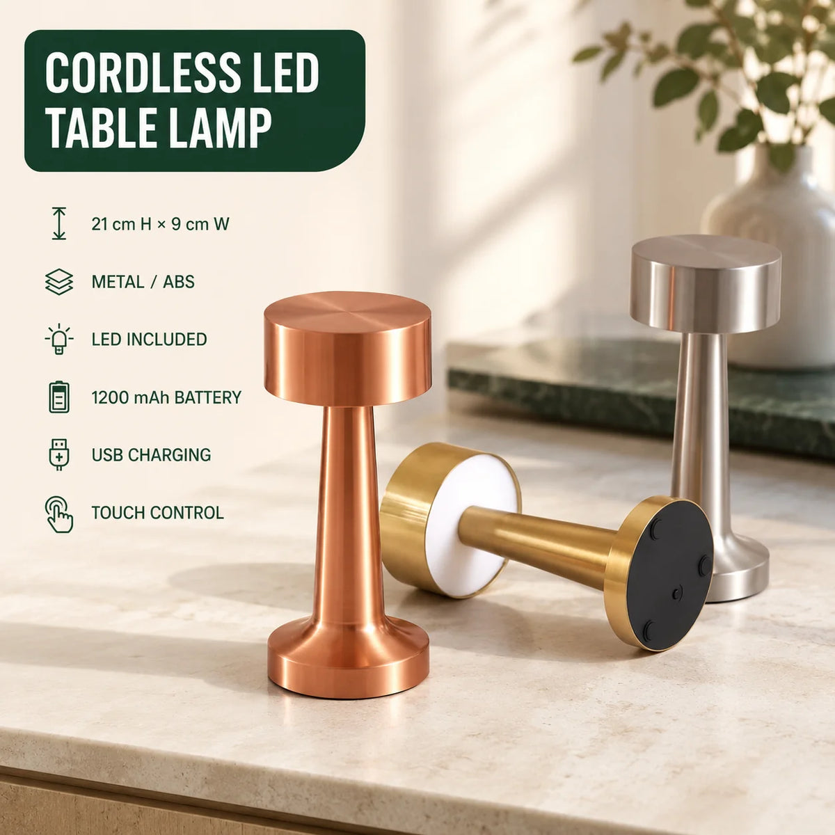 Table Lamp Cordless Touch Dimmable 15-Hour Battery
