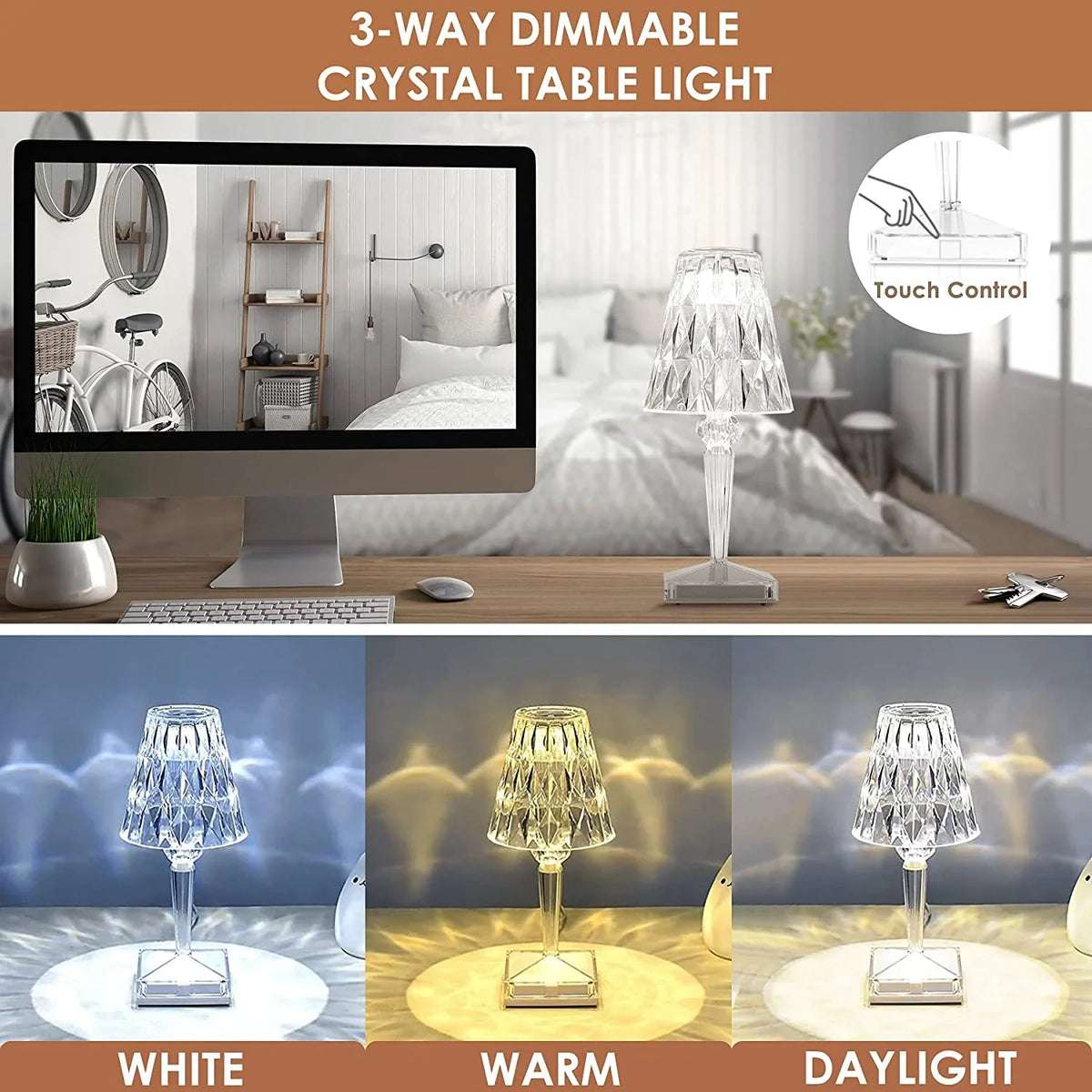 Table Lamp Diamond-Pattern Acrylic LED Touch & USB