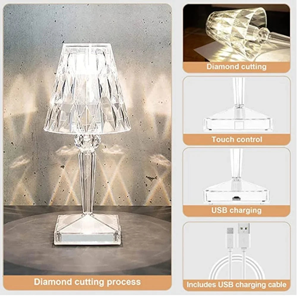 Table Lamp Diamond-Pattern Acrylic LED Touch & USB