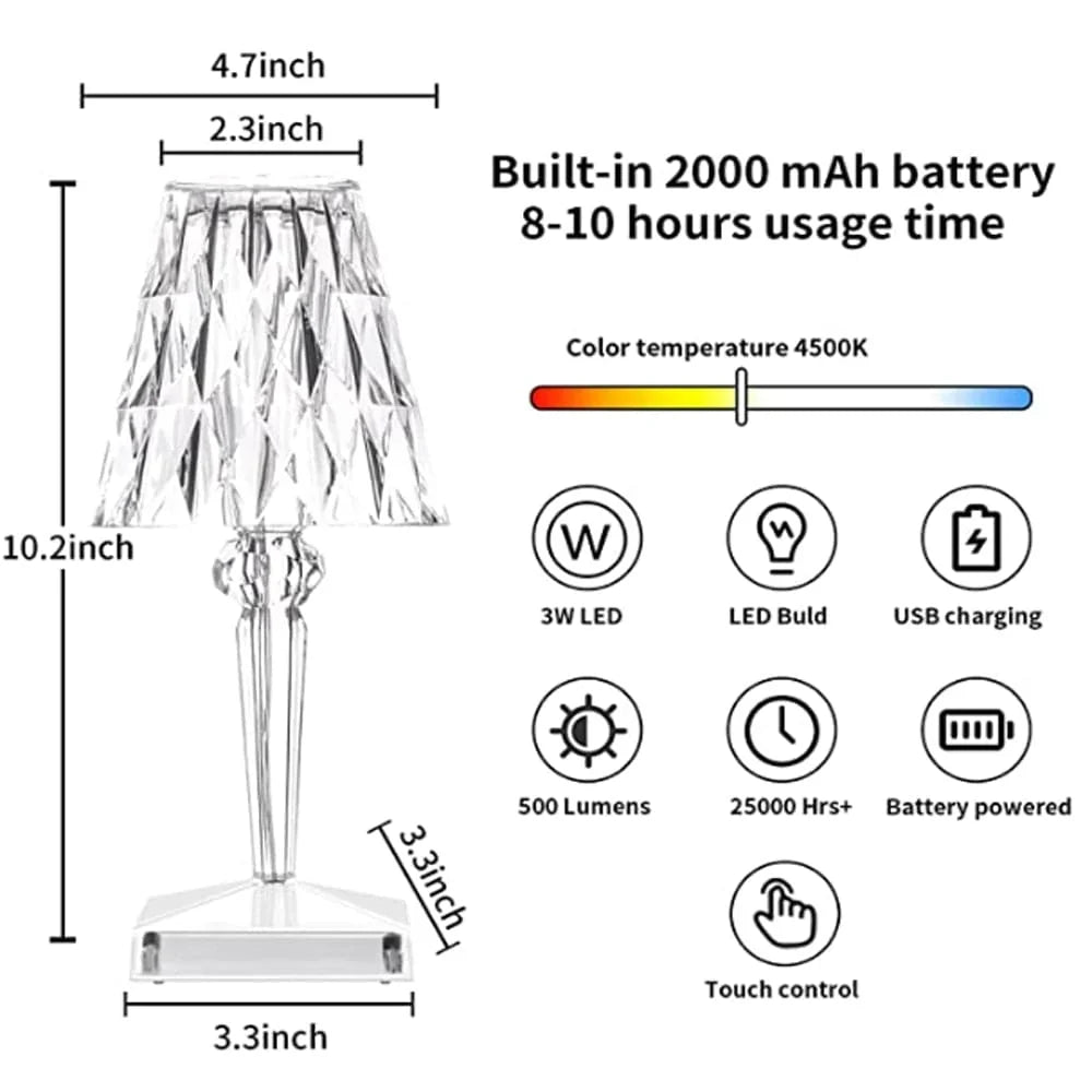 Table Lamp Diamond-Pattern Acrylic LED Touch & USB
