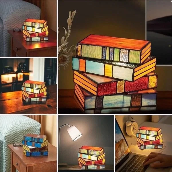 Table Lamp Stacked Books Handmade Stained Glass