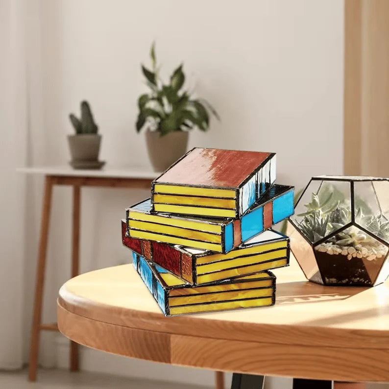 Table Lamp Stacked Books Handmade Stained Glass