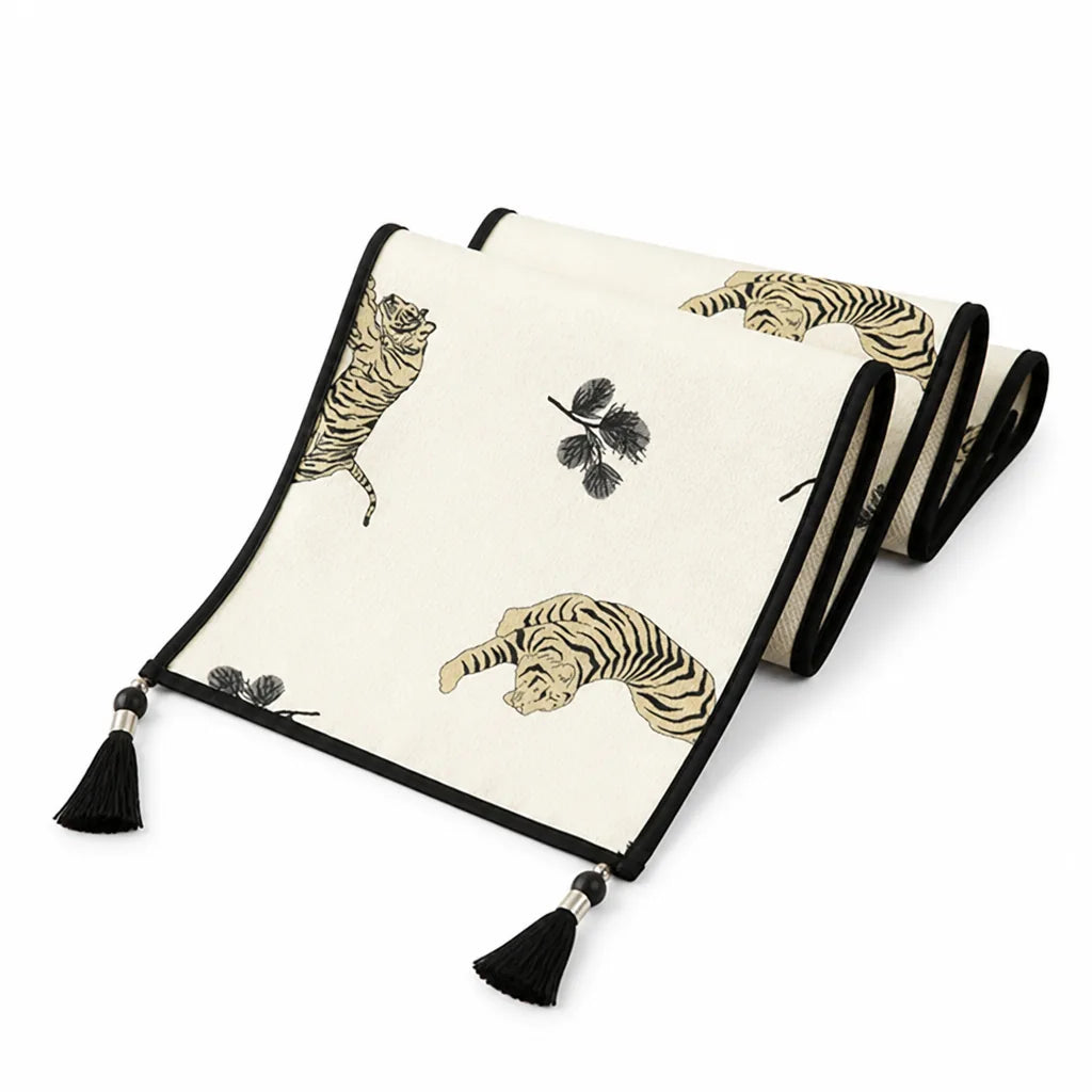 Table Runner Cotton-Linen Blend Stylized Tiger Print Tassels