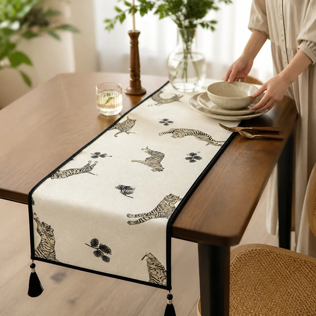 Table Runner Cotton-Linen Blend Stylized Tiger Print Tassels