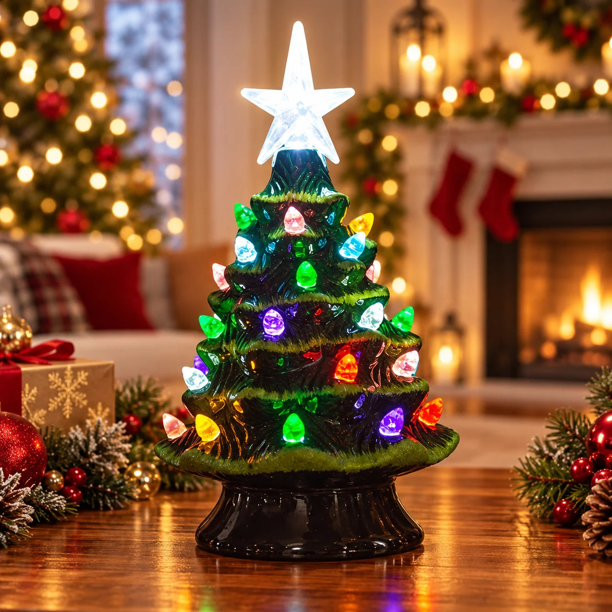 Tabletop Christmas Tree Ceramic Lighted Battery Operated