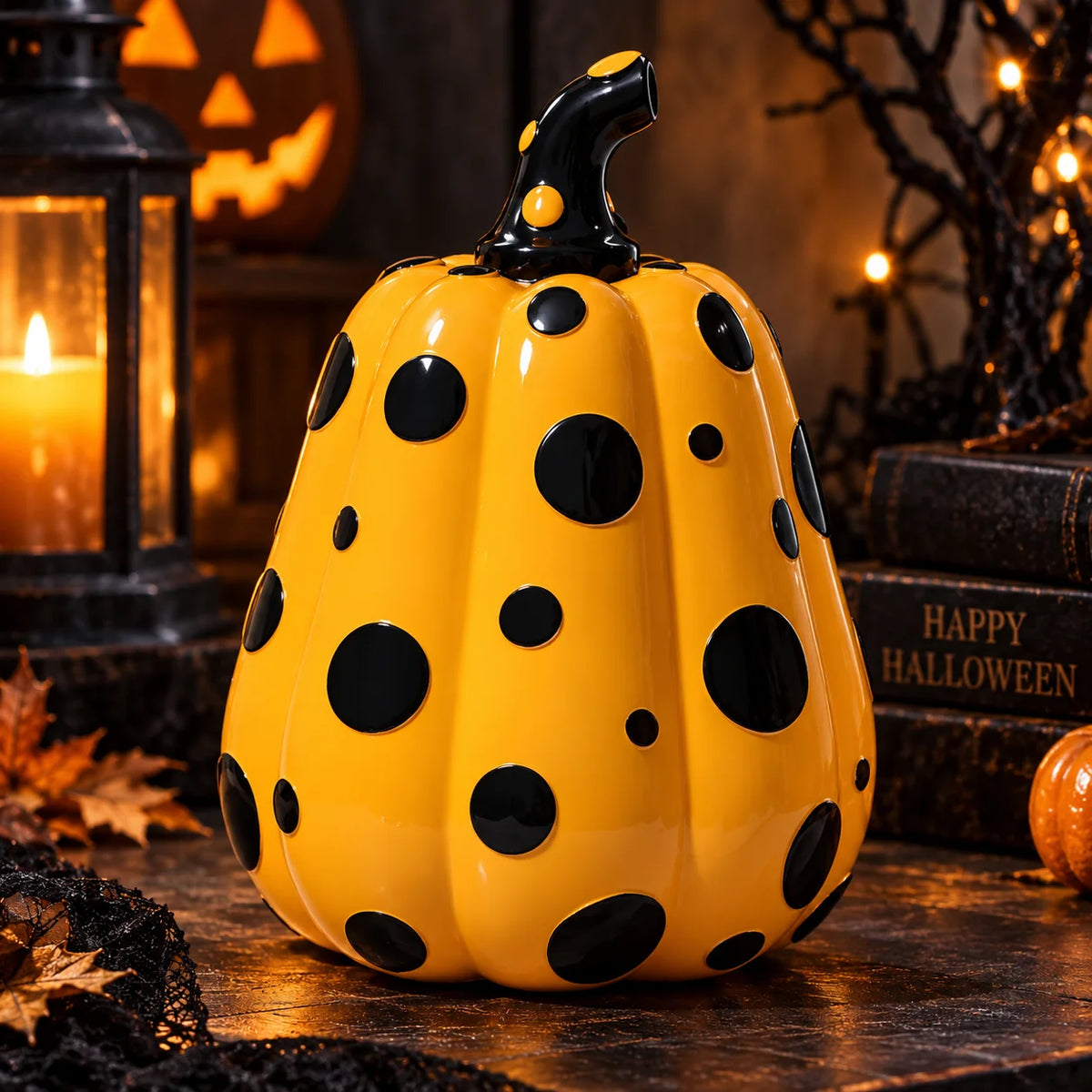 Tabletop Pumpkin Sculpted Resin Glossy Polka Dot