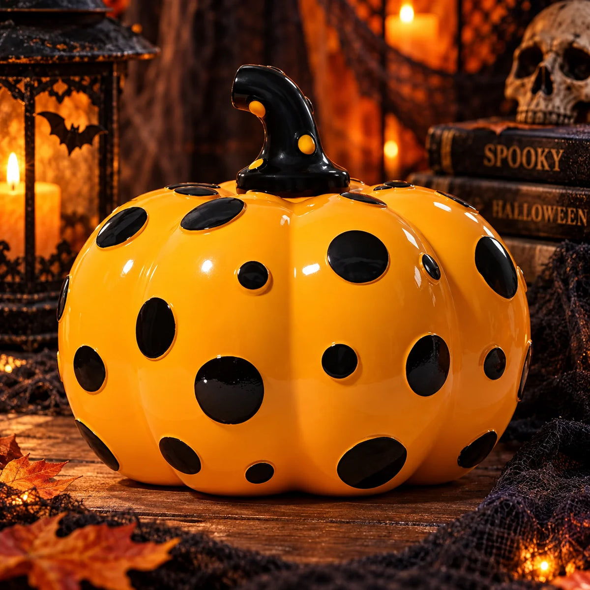 Tabletop Pumpkin Sculpted Resin Glossy Polka Dot
