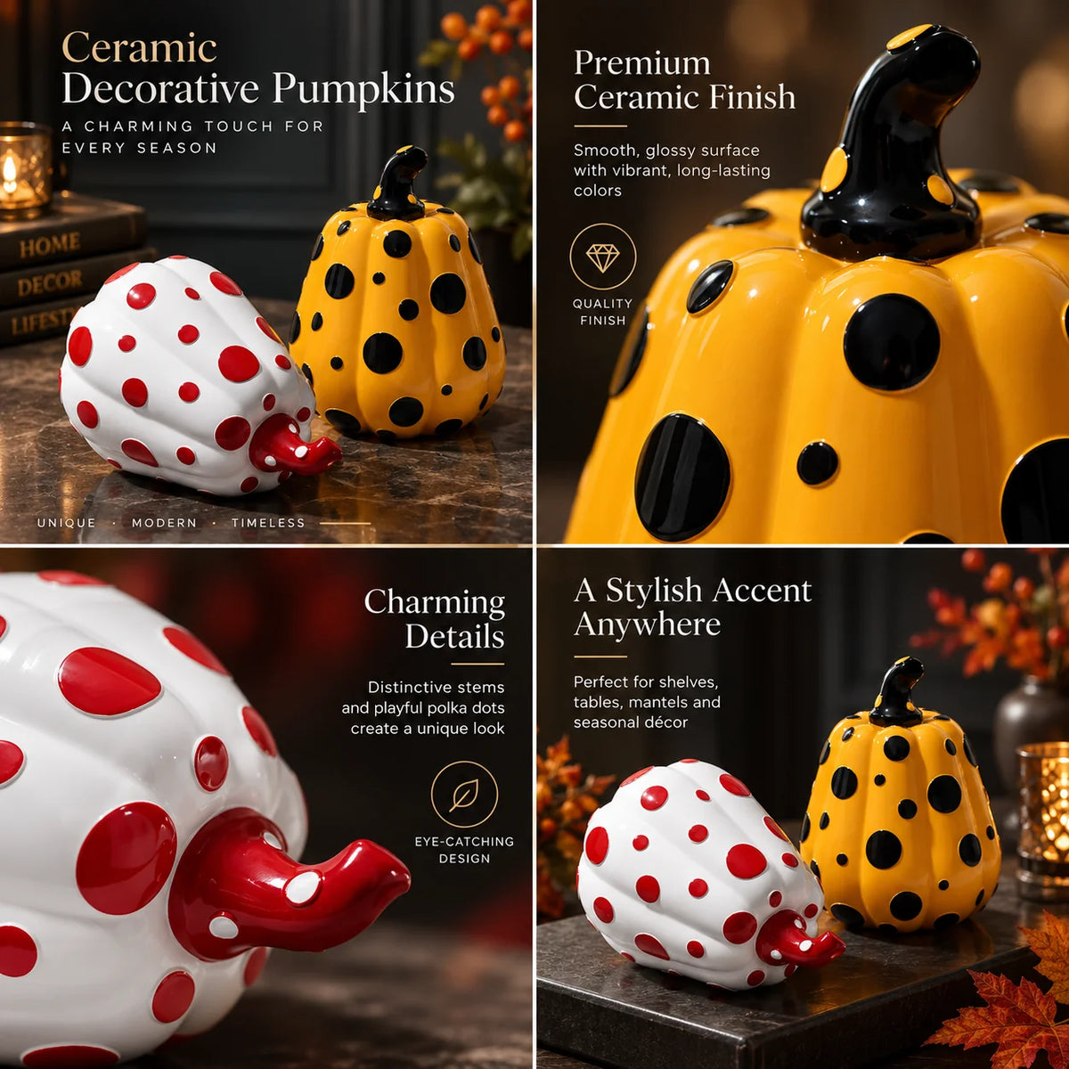 Tabletop Pumpkin Sculpted Resin Glossy Polka Dot