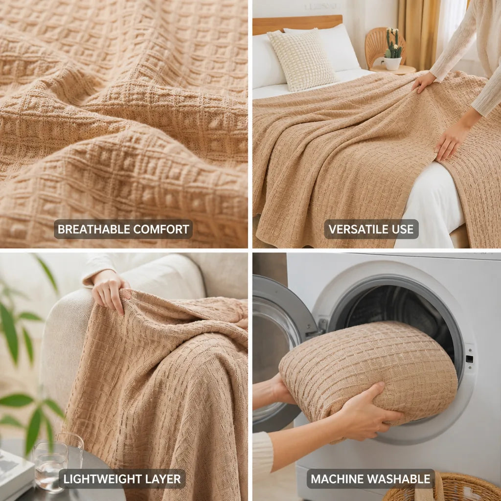 Throw Blanket 100% Cotton Waffle Weave Lightweight Breathable
