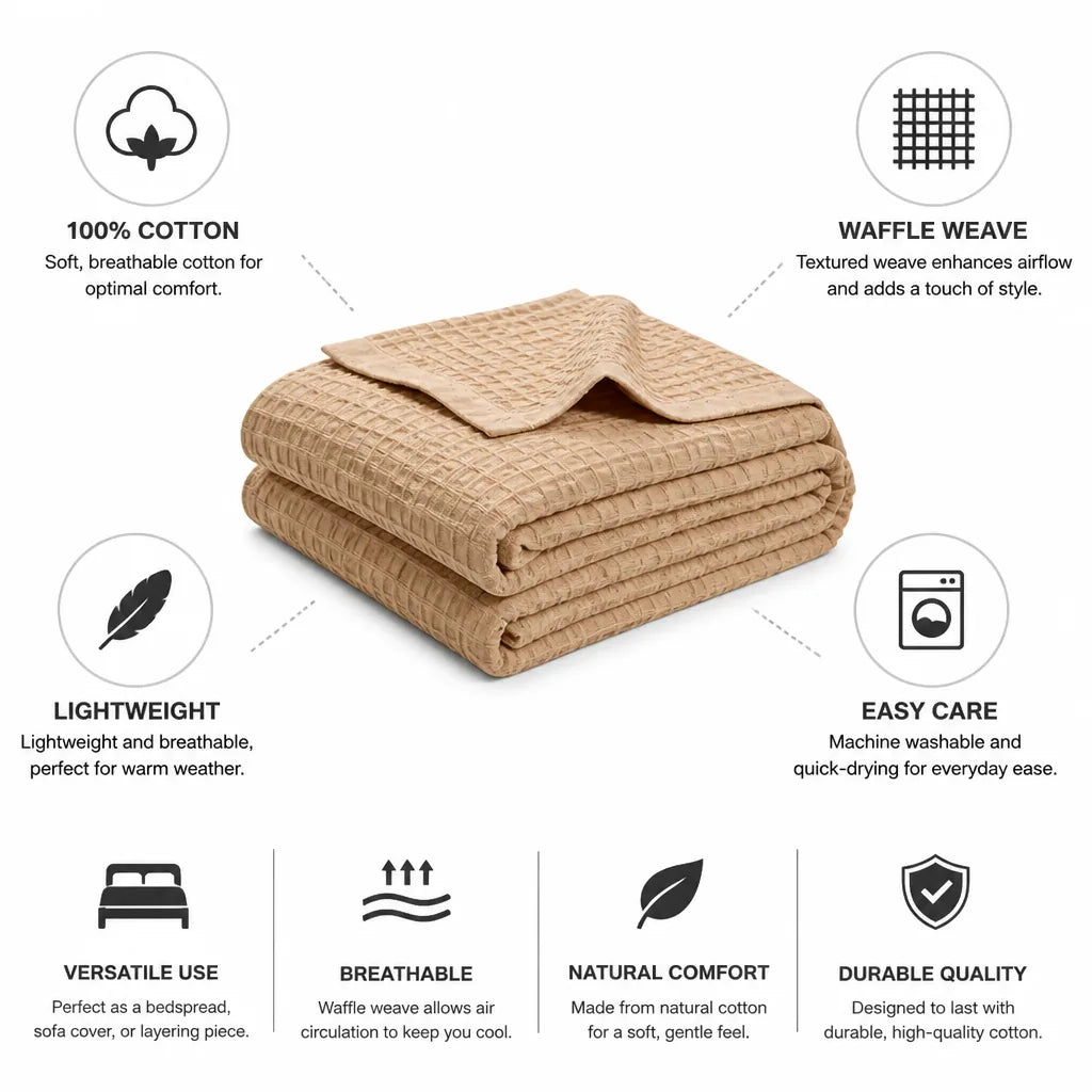Throw Blanket 100% Cotton Waffle Weave Lightweight Breathable