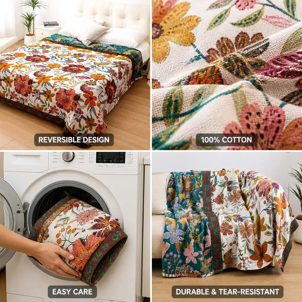 Throw Blanket Reversible Floral Jacquard 100% Cotton