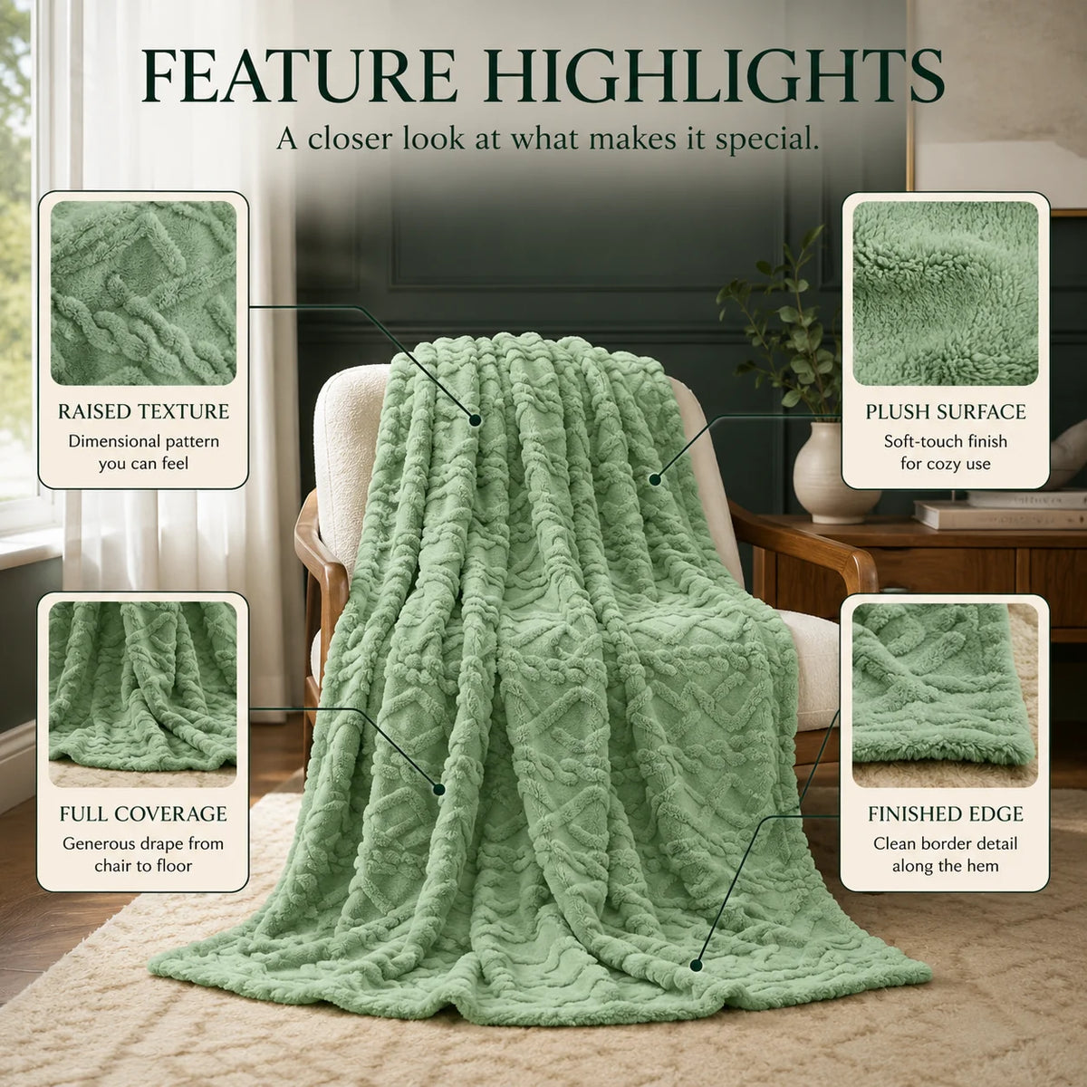 Throw Blanket Ruched Faux Fur Soft Microfiber Blend