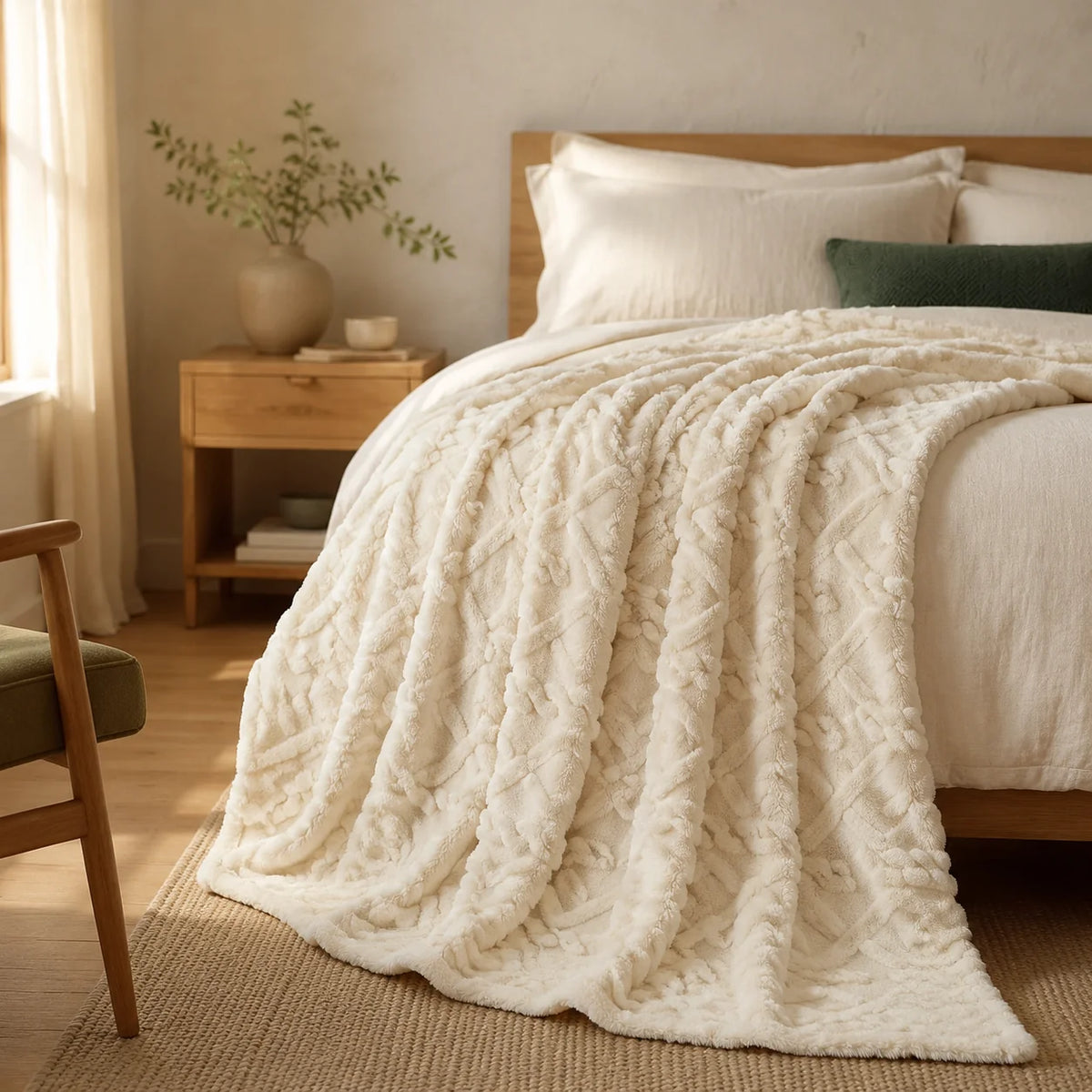 Throw Blanket Ruched Faux Fur Soft Microfiber Blend