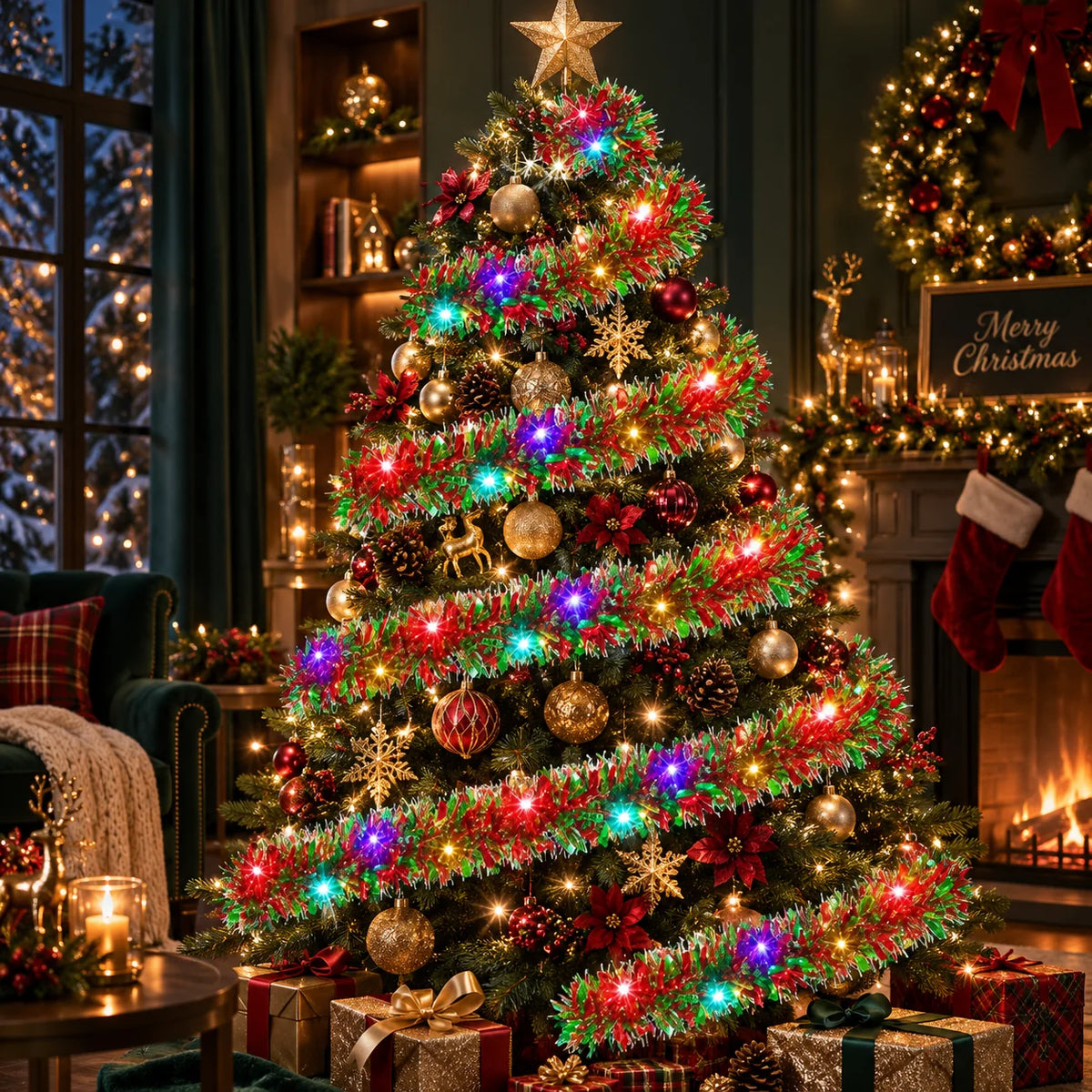 Tinsel Garland Battery-Operated Warm LED 16.4 Ft