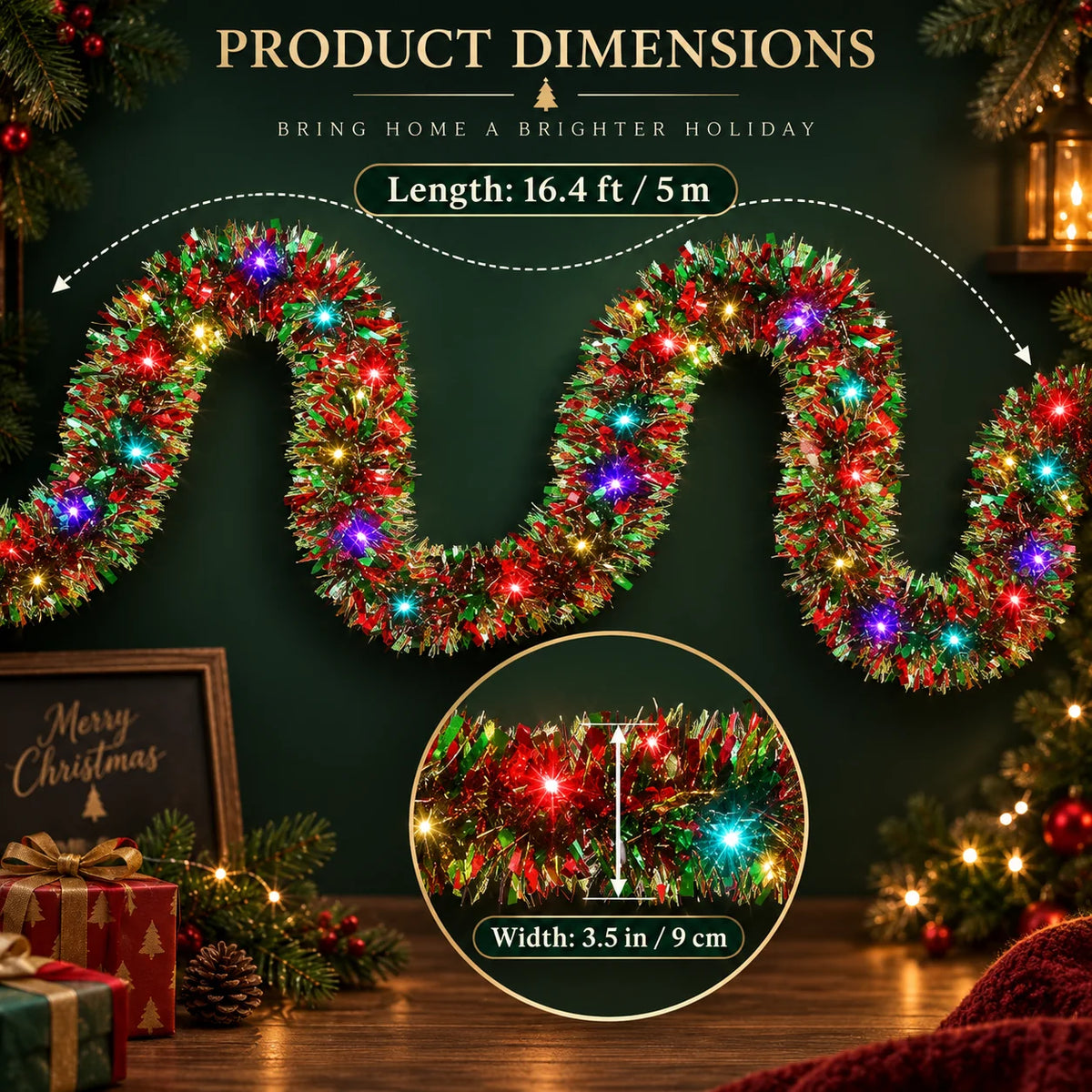 Tinsel Garland Battery-Operated Warm LED 16.4 Ft