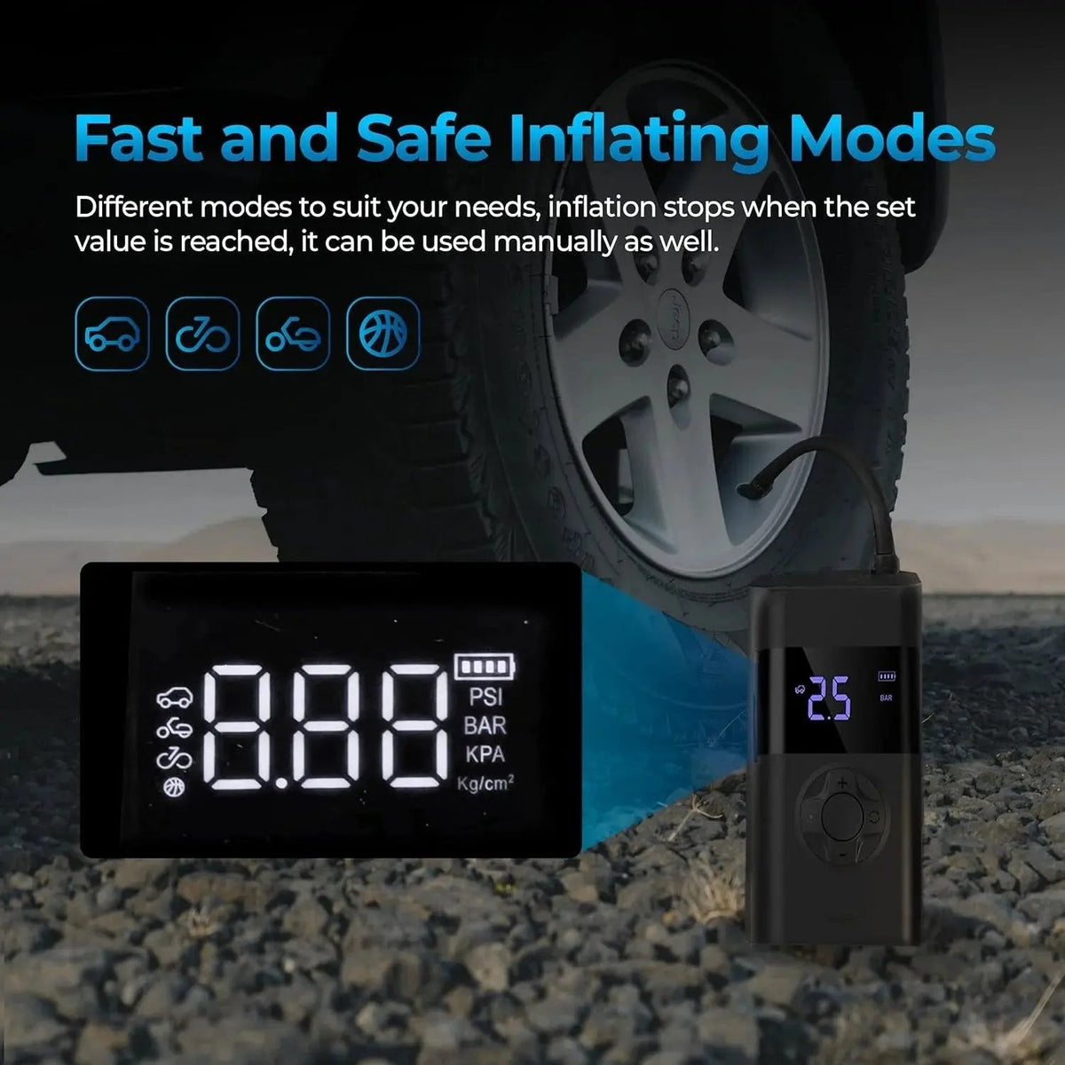 Tire Inflator Cordless Rechargeable Digital Auto-Stop 150 PSI