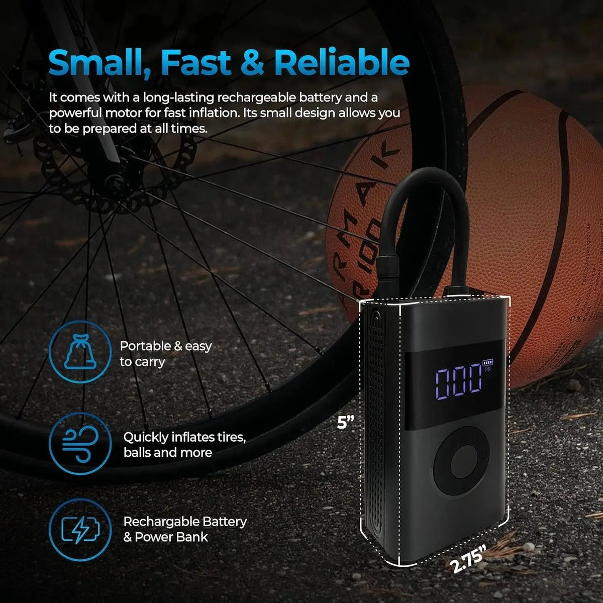 Tire Inflator Cordless Rechargeable Digital Auto-Stop 150 PSI