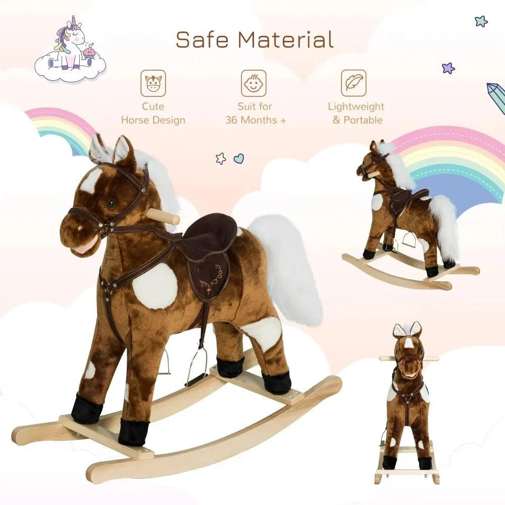 Toddler Rocking Horse Metal Rockers Easy-Clean Plush Built-In Rhymes