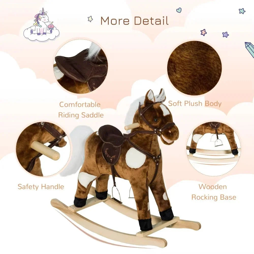 Toddler Rocking Horse Metal Rockers Easy-Clean Plush Built-In Rhymes