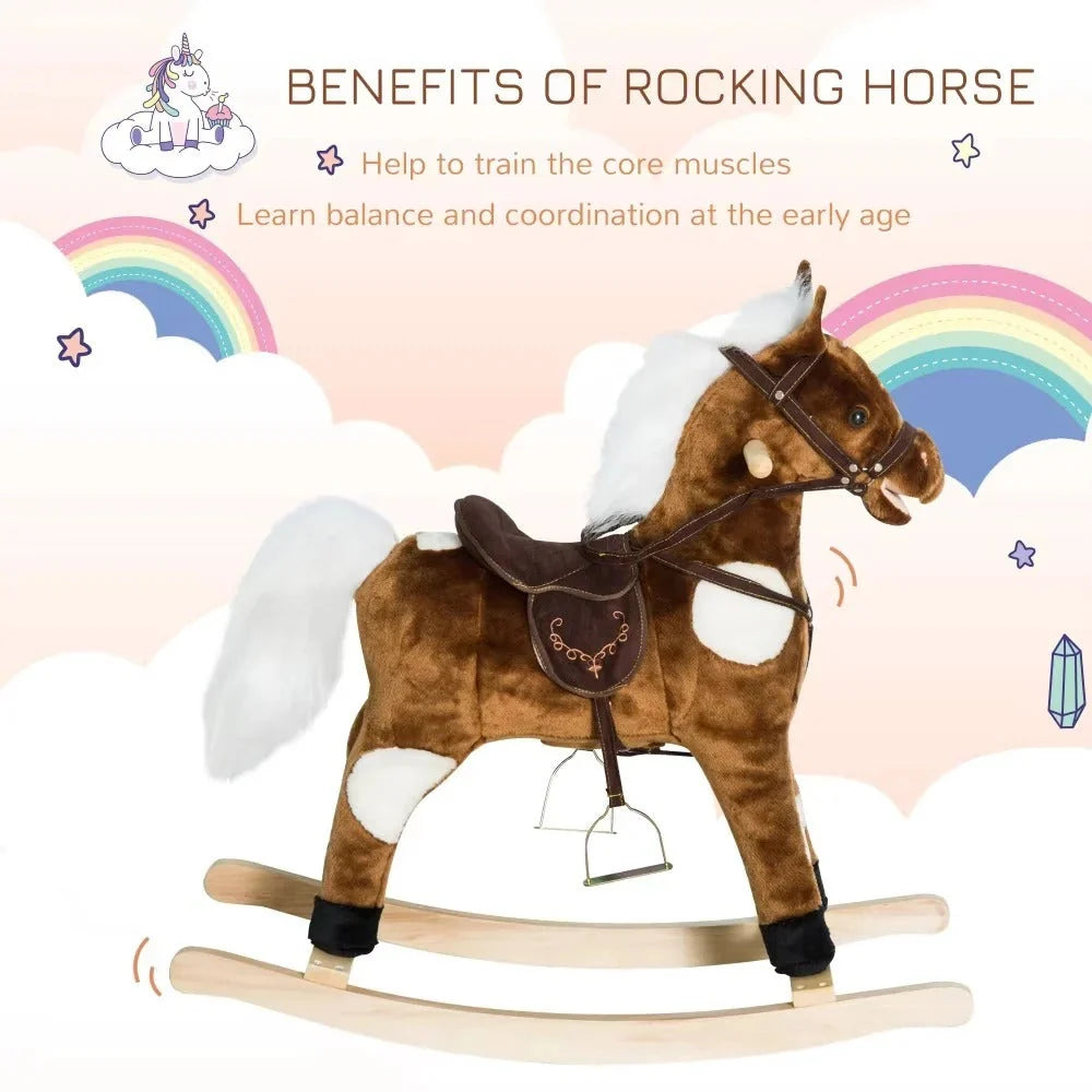 Toddler Rocking Horse Metal Rockers Easy-Clean Plush Built-In Rhymes