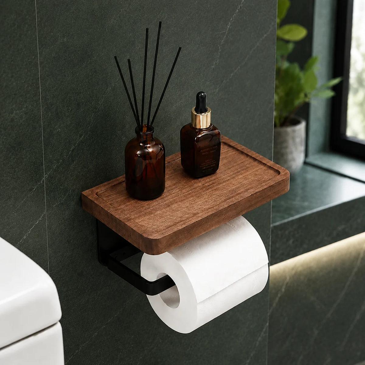 Toilet Paper Holder Solid Wood Ledge & Reinforced Metal