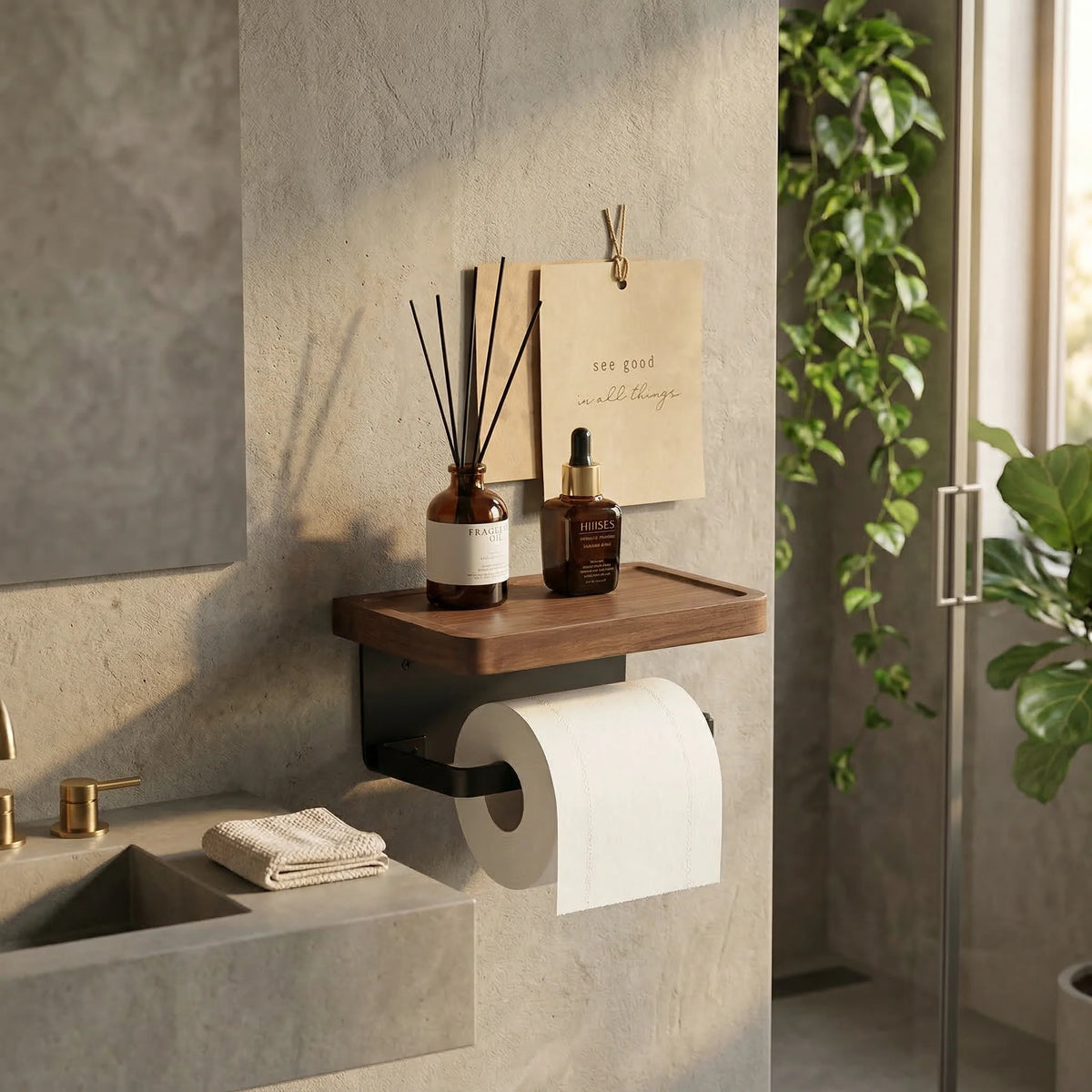 Toilet Paper Holder Solid Wood Ledge & Reinforced Metal
