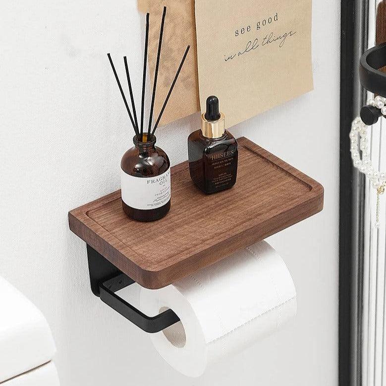 Toilet Paper Holder Solid Wood Ledge & Reinforced Metal