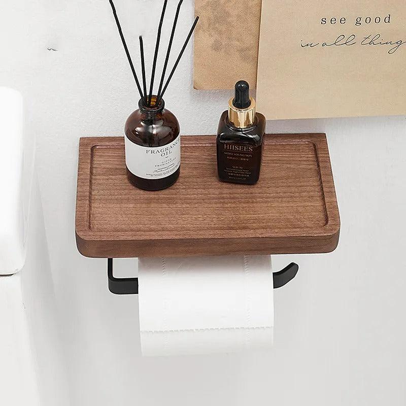 Toilet Paper Holder Solid Wood Ledge & Reinforced Metal