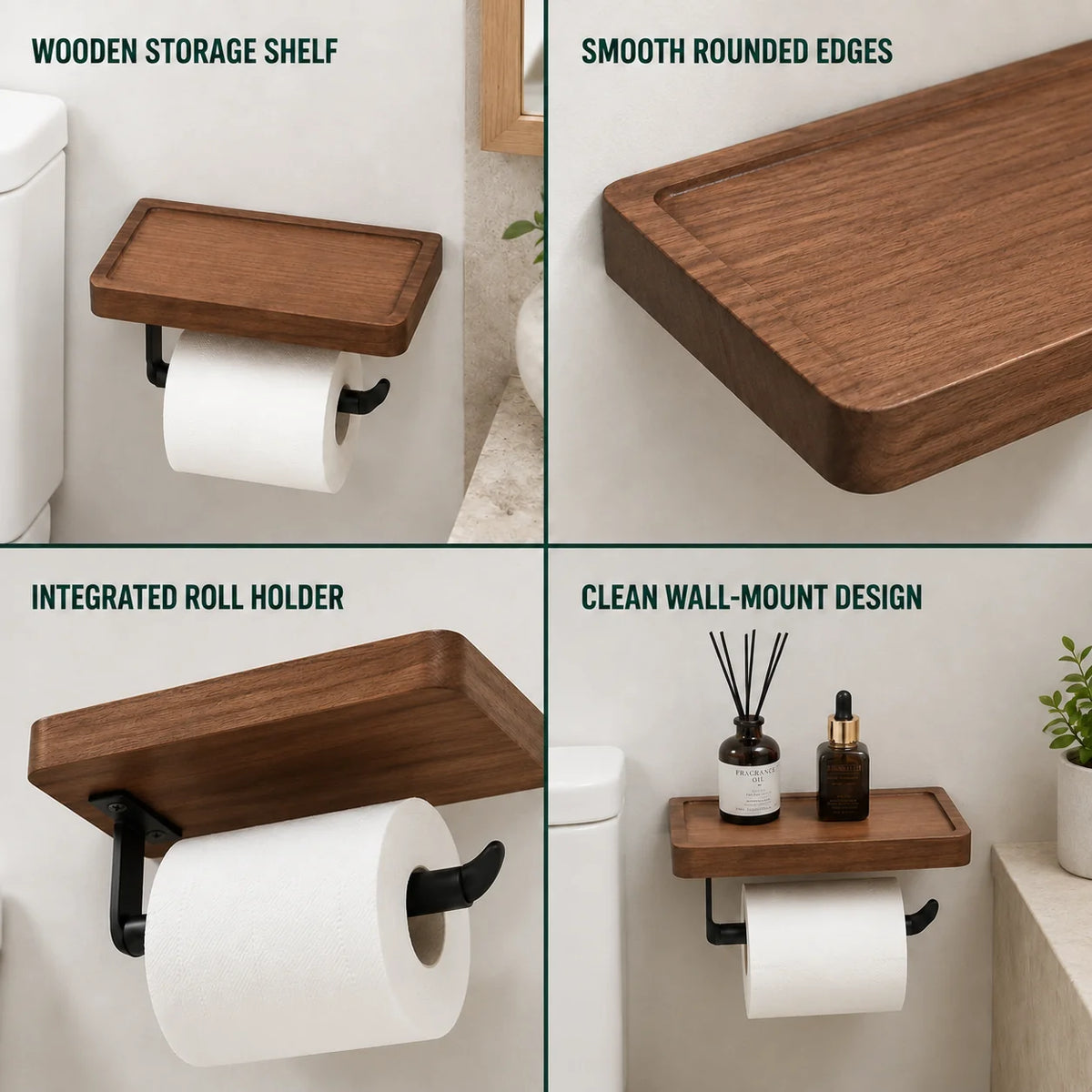 Toilet Paper Holder Solid Wood Ledge & Reinforced Metal