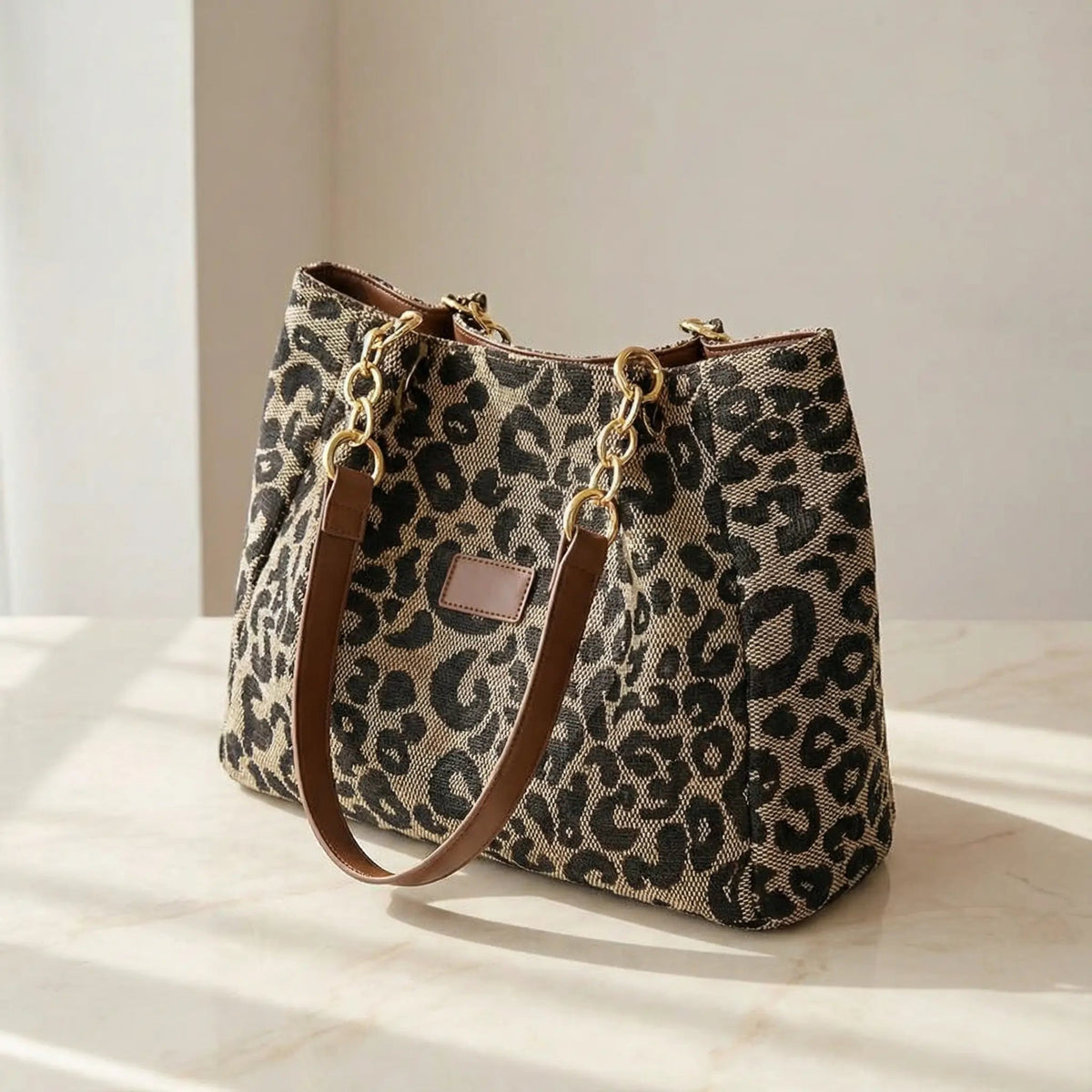 Tote Bag Leopard Canvas Gold Chain & Faux Leather Straps
