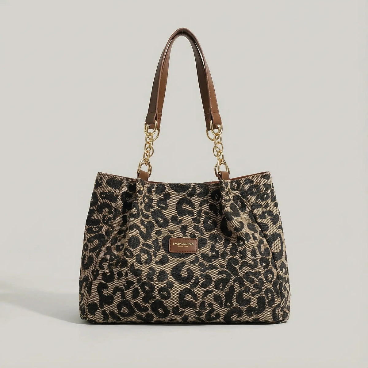 Tote Bag Leopard Canvas Gold Chain & Faux Leather Straps
