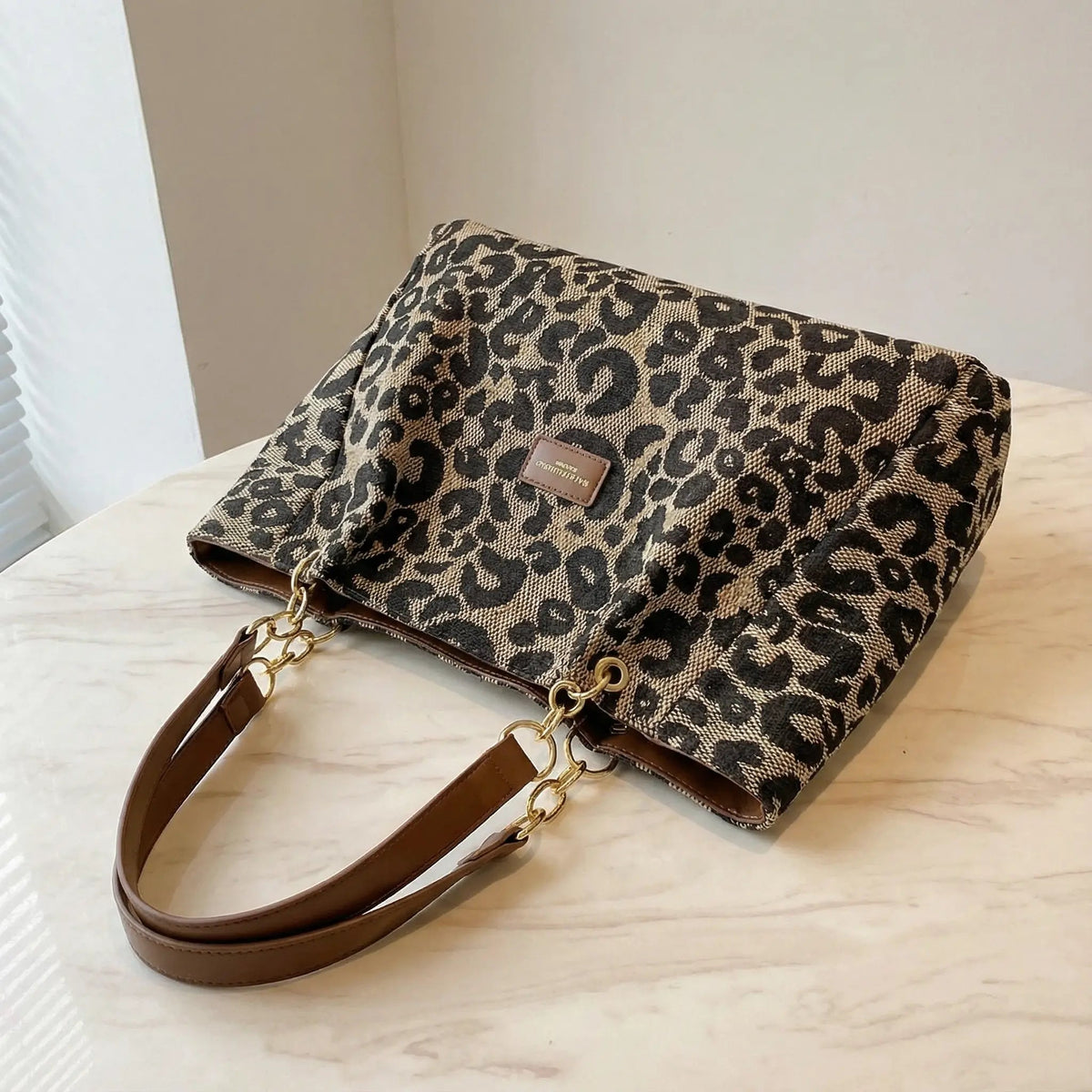 Tote Bag Leopard Canvas Gold Chain & Faux Leather Straps