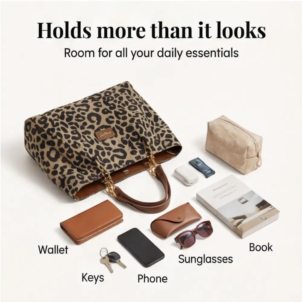 Tote Bag Leopard Canvas Gold Chain & Faux Leather Straps