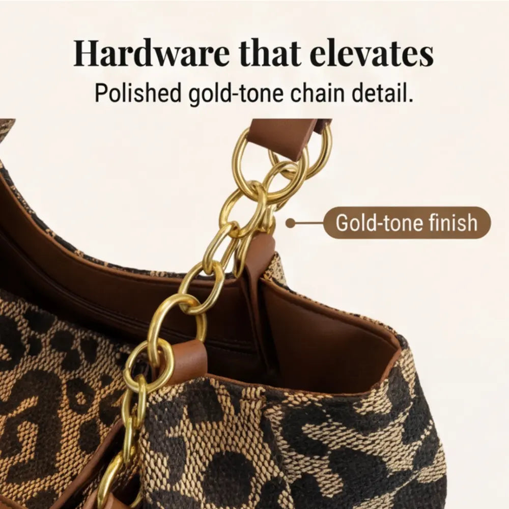 Tote Bag Leopard Canvas Gold Chain & Faux Leather Straps
