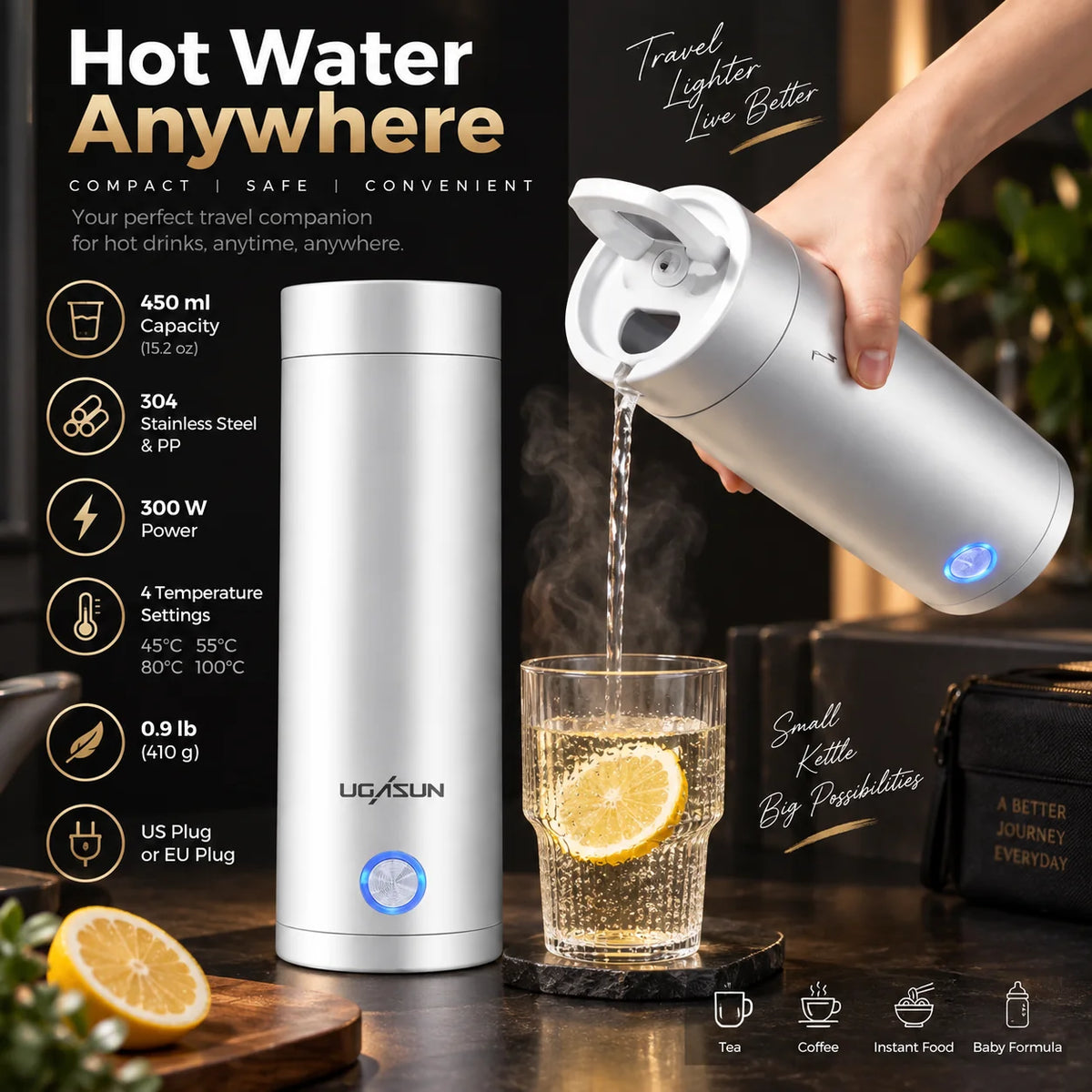 Travel Electric Kettle Stainless Steel Four Presets Auto Shut-Off