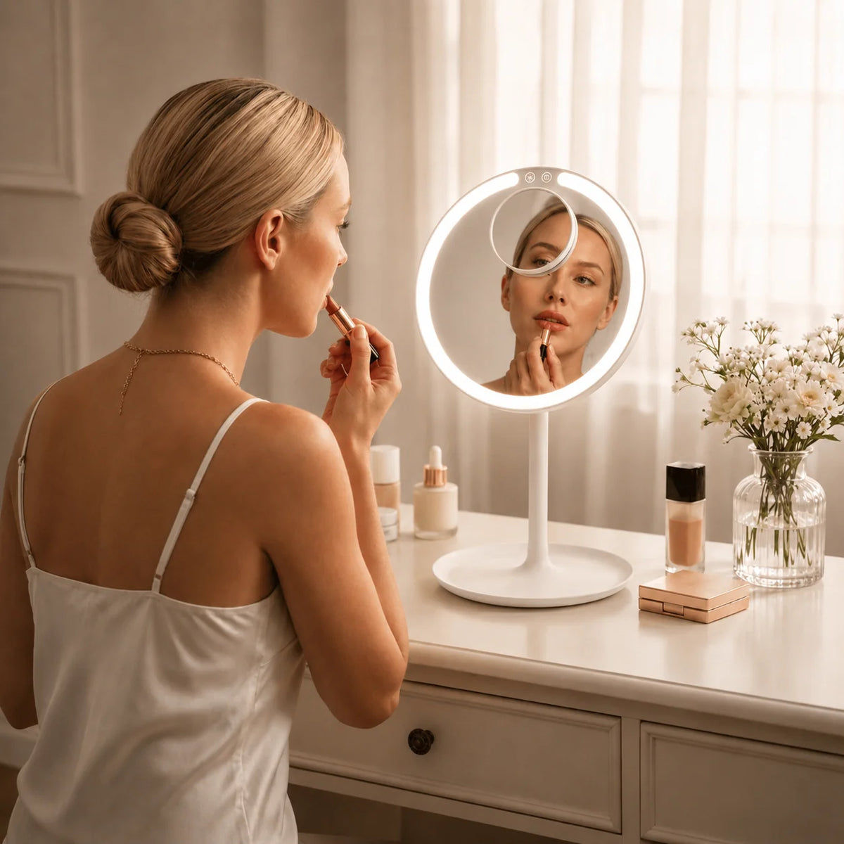 Travel Makeup Mirror 5x Magnification Dimmable LED USB Rechargeable